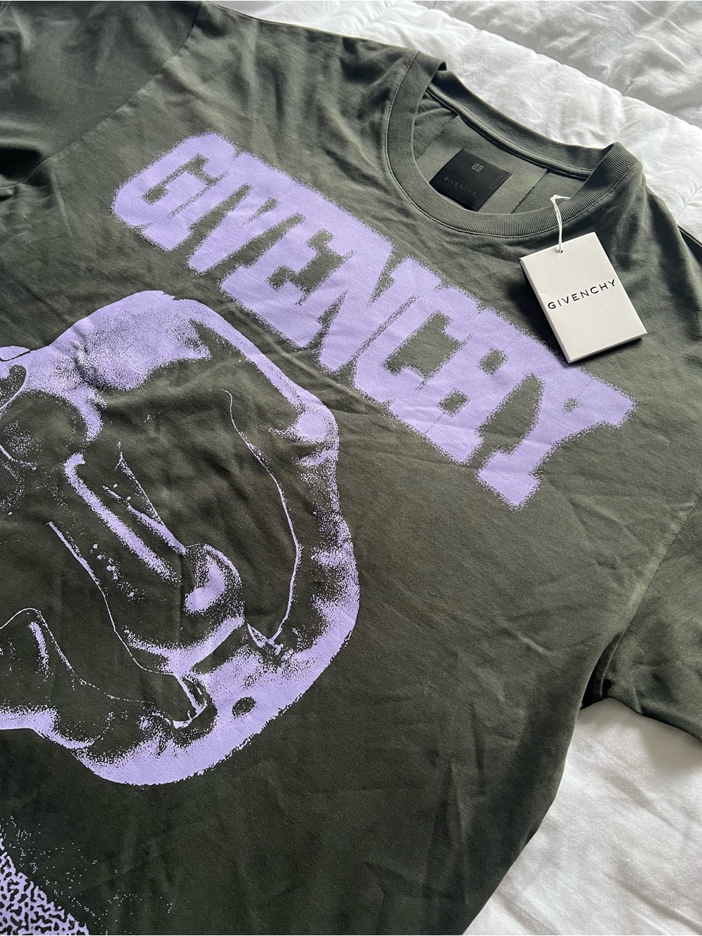 Givenchy Olive Green Short-Sleeve Tee with Lavender Graphic